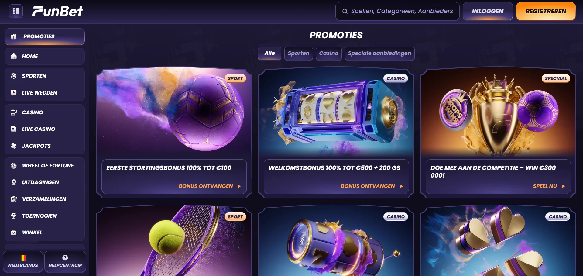 Bonusoverzicht van Funbet Casino met promotiekaarten voor casino en sport