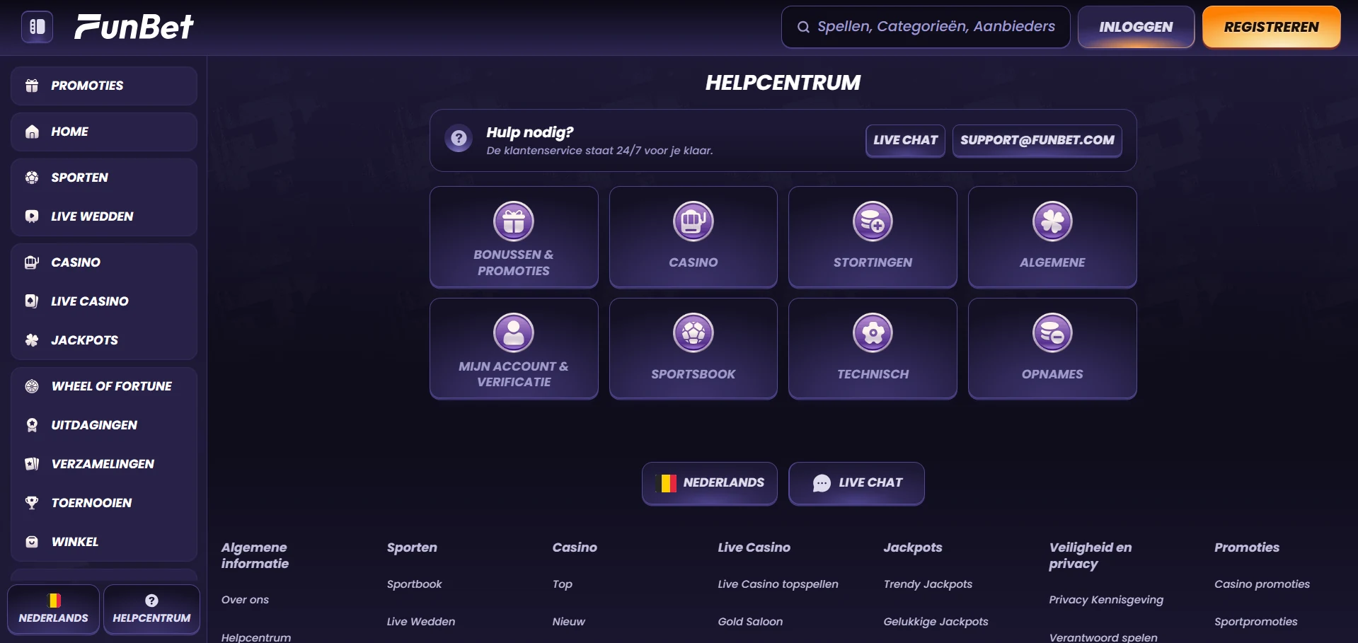 Contactblok van Funbet met de knop voor live chat en het e-mailadres
