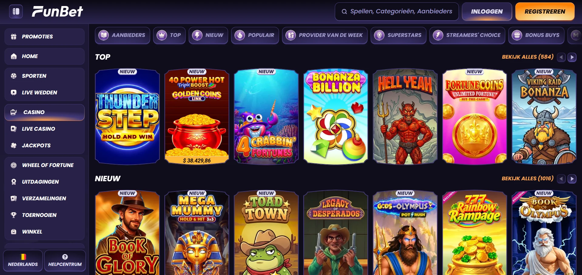 Lobby van Funbet Casino met categorieën en rijen spellen per provider