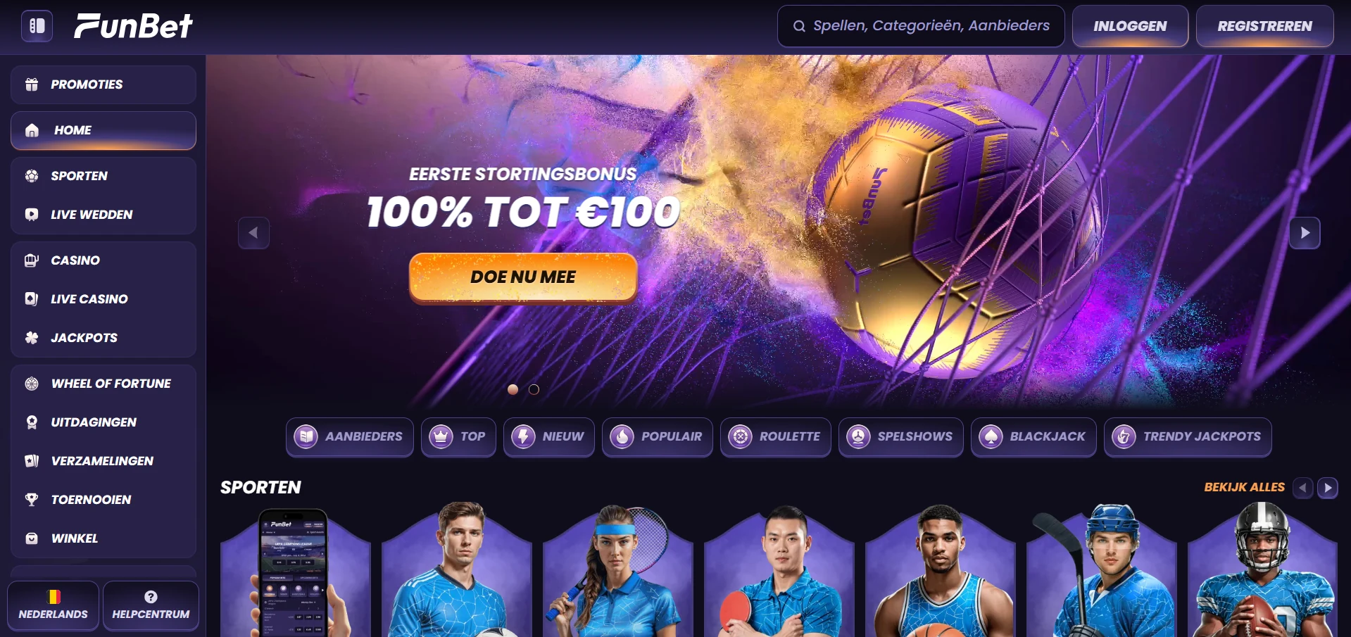 Startpagina van Funbet Casino met de zoekbalk en rijen uitgelichte spellen