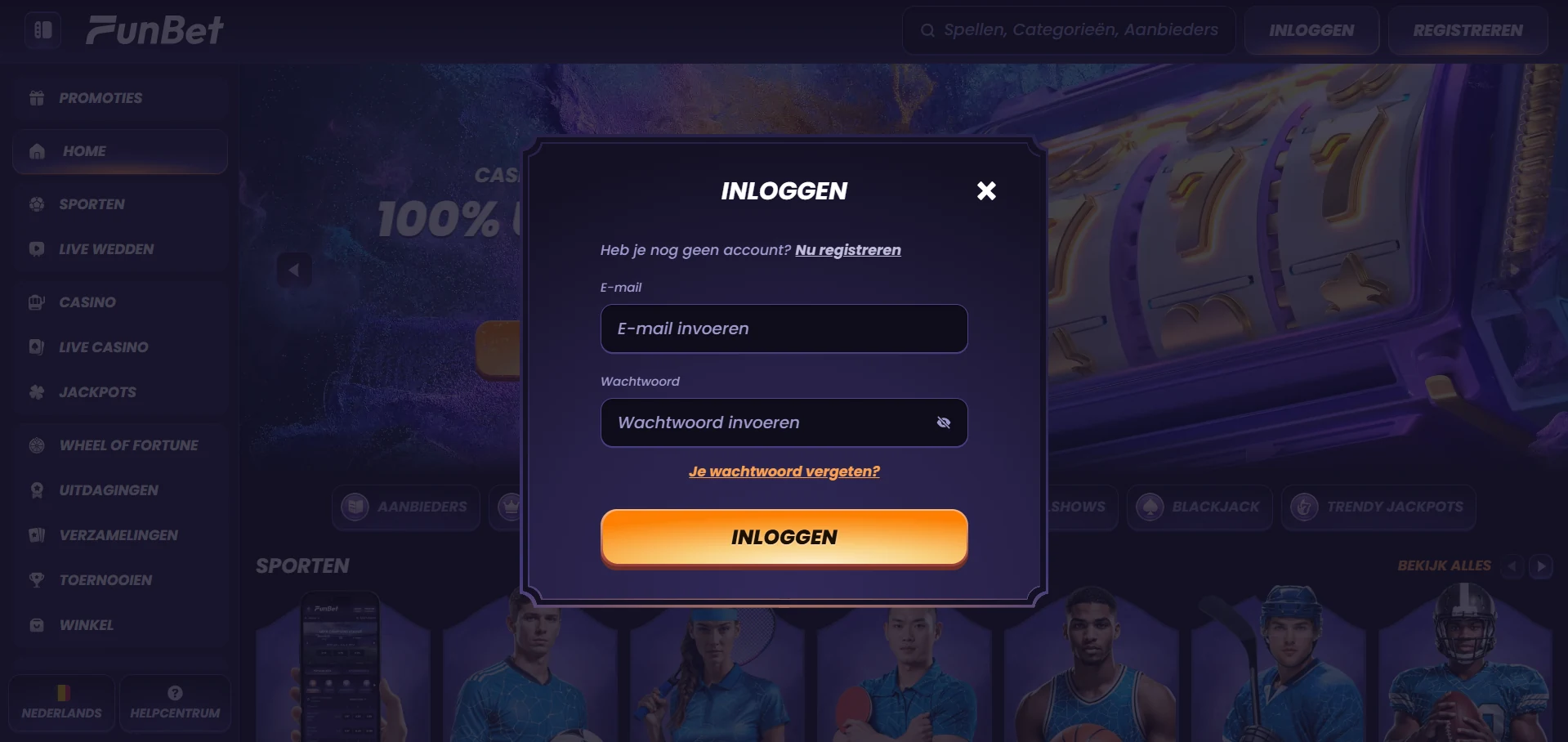 Inlogformulier van Funbet Casino met velden voor e-mail en wachtwoord