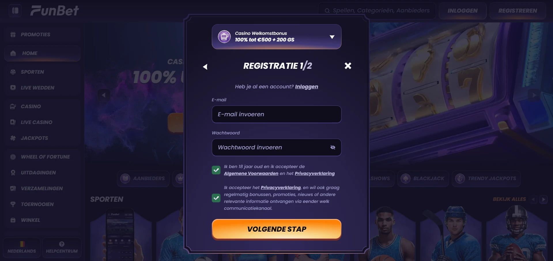 Registratieformulier van Funbet